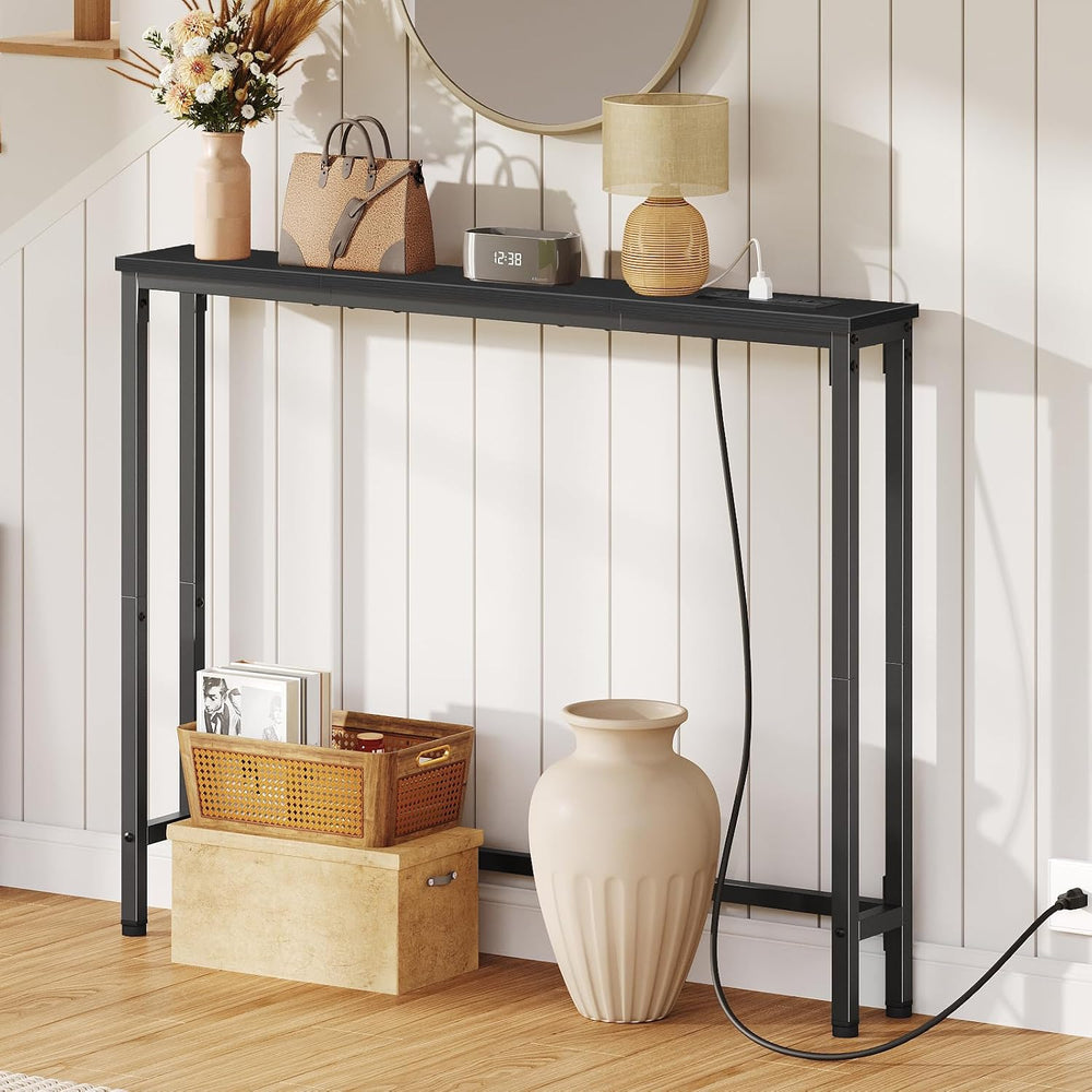 HOOBRO 39.4 Inch Narrow Console Table with Power Outlets, 5.9 Inch Sofa Table...