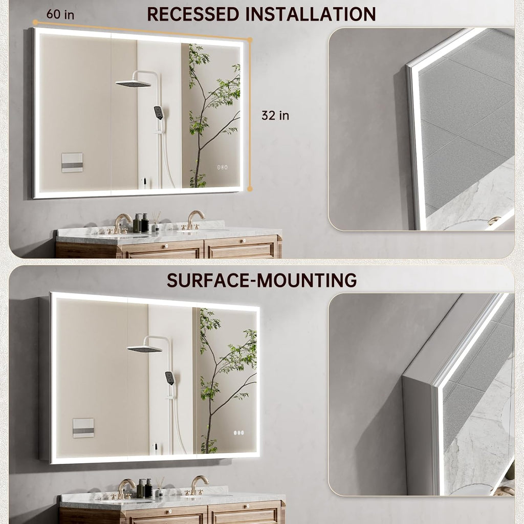 60"x32" Medicine Cabinet Mirror, LED Lighted Medicine Cabinet with Electrical Outlet＆USB, Anti-Fog, 3 Colors Temperature Stepless Dimmable, Aluminum Cabinet for Storage and Mordern Decor