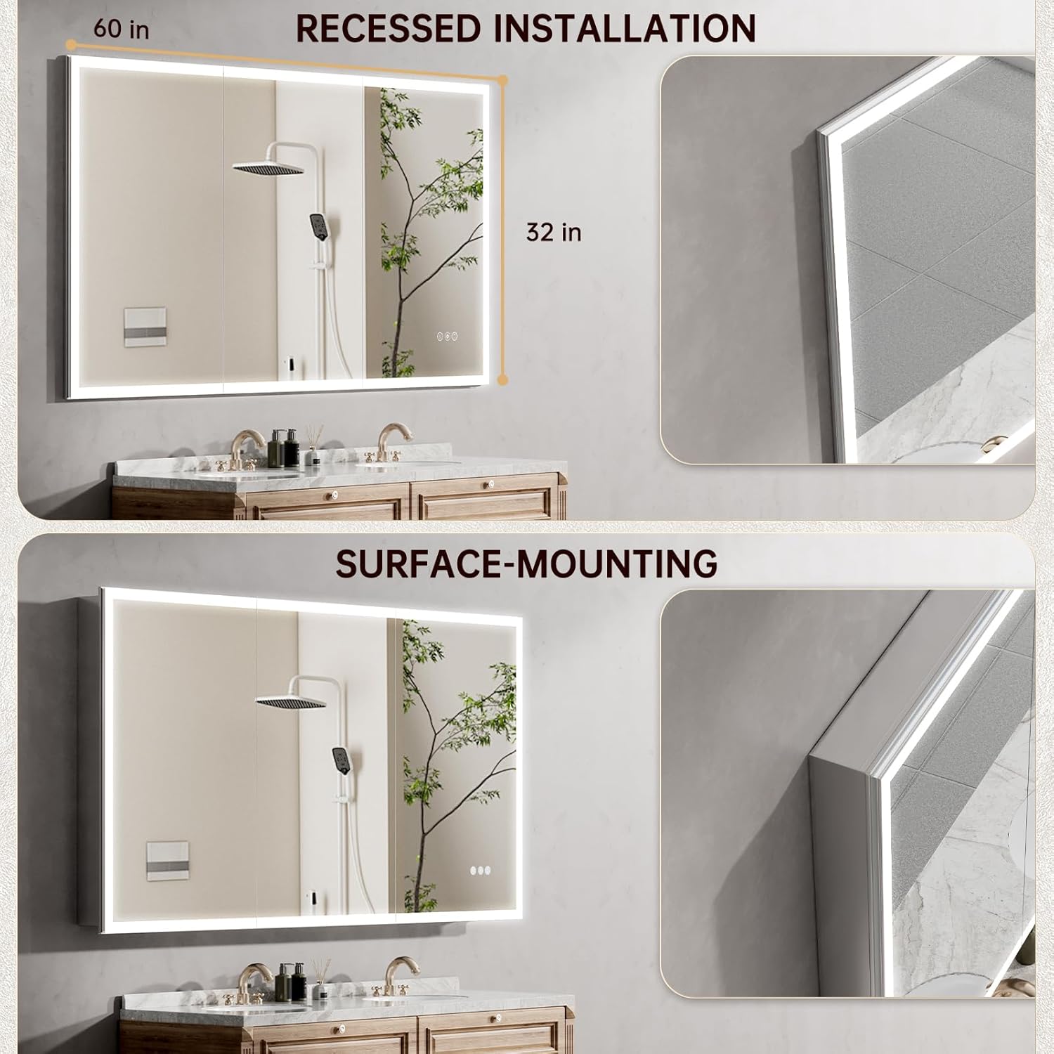 60"x32" Medicine Cabinet Mirror, LED Lighted Medicine Cabinet with Electrical Outlet＆USB, Anti-Fog, 3 Colors Temperature Stepless Dimmable, Aluminum Cabinet for Storage and Mordern Decor