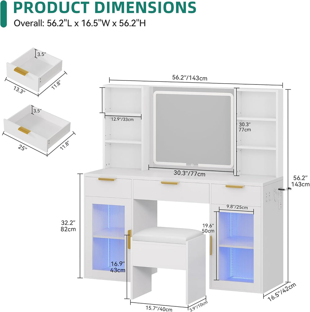 DWVO 56" LED Vanity Desk with Tri‑Fold Mirror & Lights | Makeup Vani...