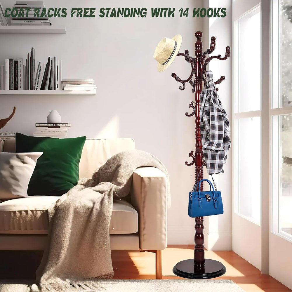 Wooden Coat Rack Freestanding, 14 Hooks, 73" Adjustable Height