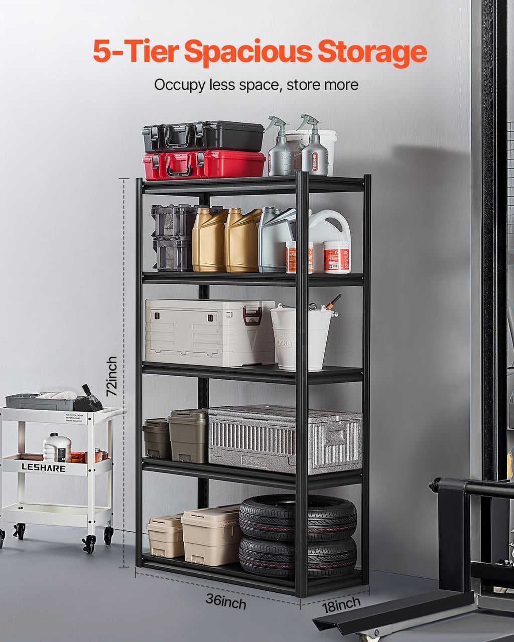 VEVOR Storage Shelves, 2000 lbs, 5 Tier Garage Storage Shelving, 18" D x 40" W x 72" H Adjustable Metal Shelves for Garage Shelves Utility Rack Shelf, Ideal for Kitchen, Warehouse, Basement, Black