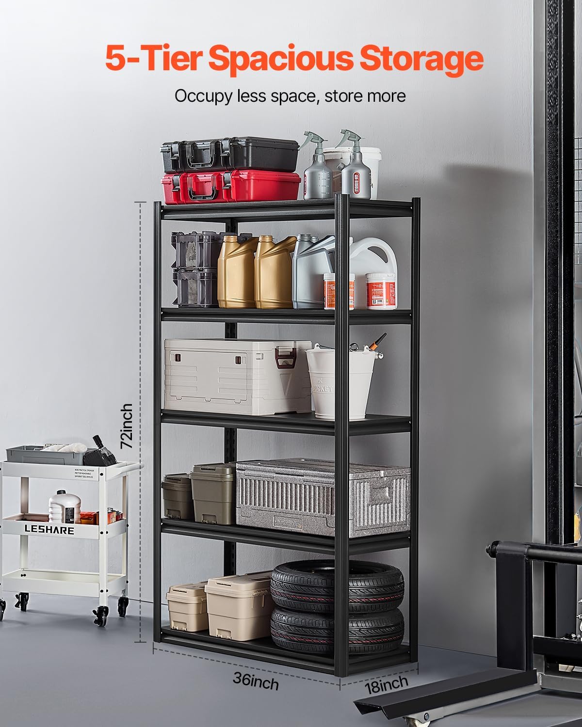 VEVOR Storage Shelves, 2000 lbs, 5 Tier Garage Storage Shelving, 18" D x 40" W x 72" H Adjustable Metal Shelves for Garage Shelves Utility Rack Shelf, Ideal for Kitchen, Warehouse, Basement, Black
