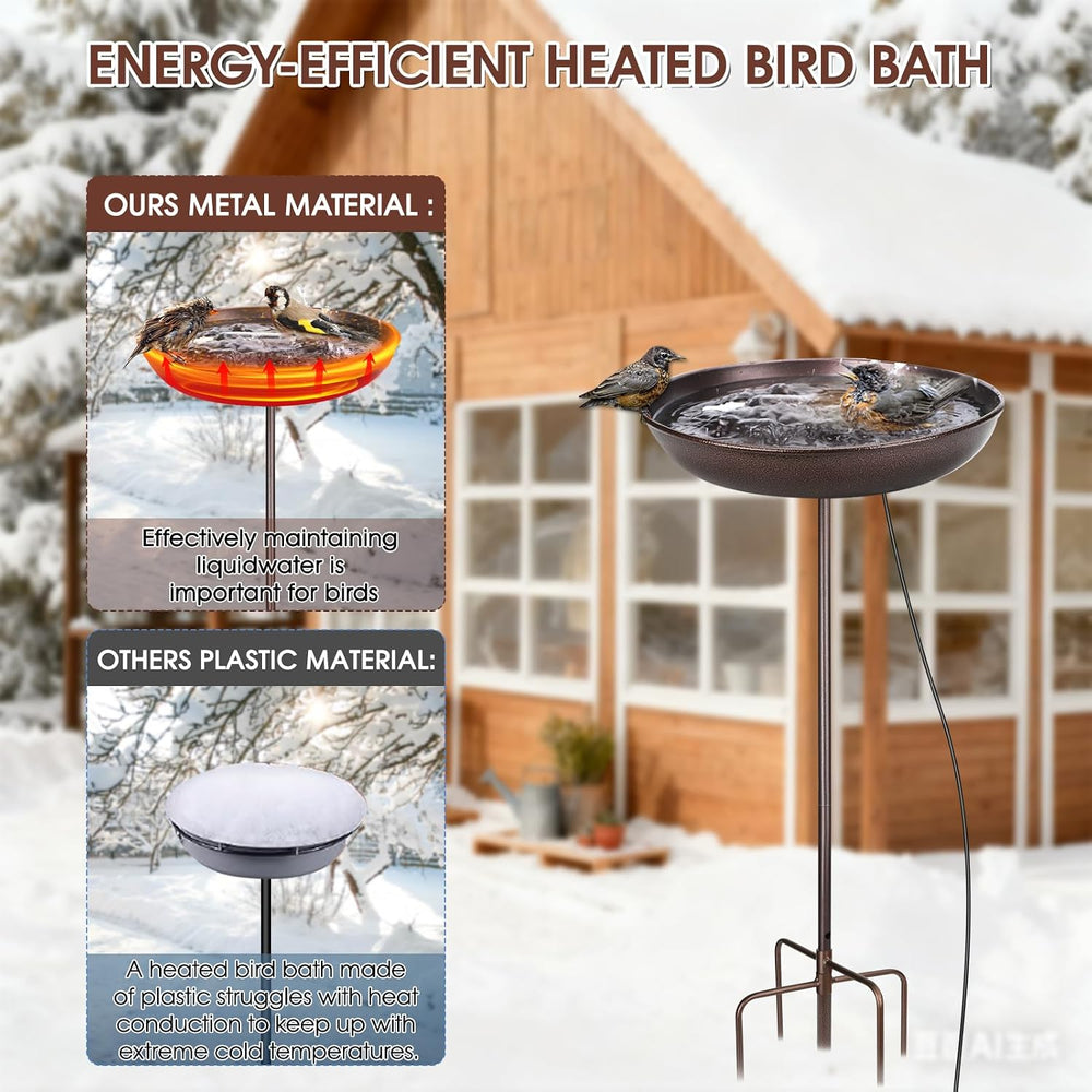 100W Heated Bird Bath – 35-Inch High Iron Birdbath with Water Heater & De...