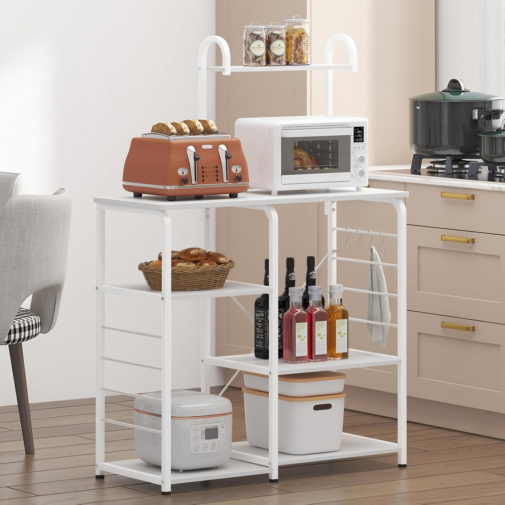 sogesfurniture Kitchen Baker's Rack, 35.4'' Utility Microwave Oven Stand, 4-Tier Capacity Utility Storage Shelf with 5 Hooks, White