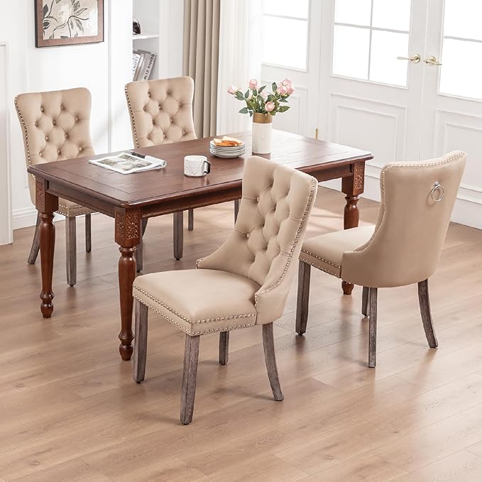 Kiztir Velvet Dining Chairs Set of 4, Upholstered Dining Chairs with Ring Pull Trim and Button Back, Luxury Tufted Dining Chair for Living Room, Bedroom, Kitchen (Khaki)