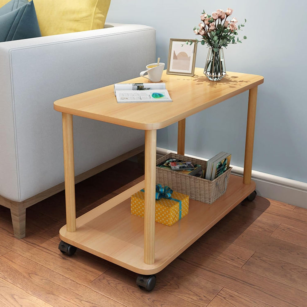 Rolling End Table with Wheels, 2-Tier 150lb Shelf, MDF Top Solid Wood Frame, ...