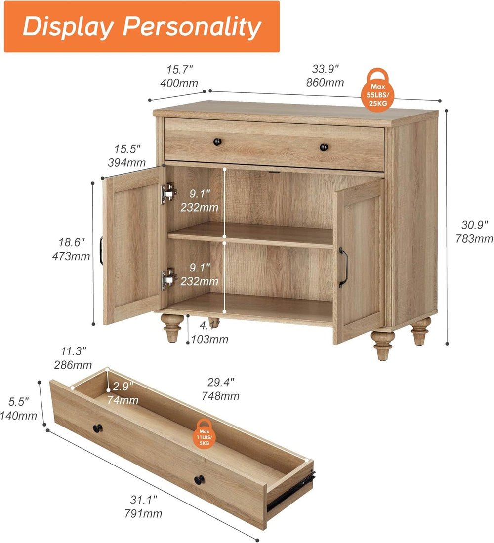 WAMPAT 34’‘ Oak Buffet Cabinet with Doors and Drawer, Wood Kitchen Storage Ca...