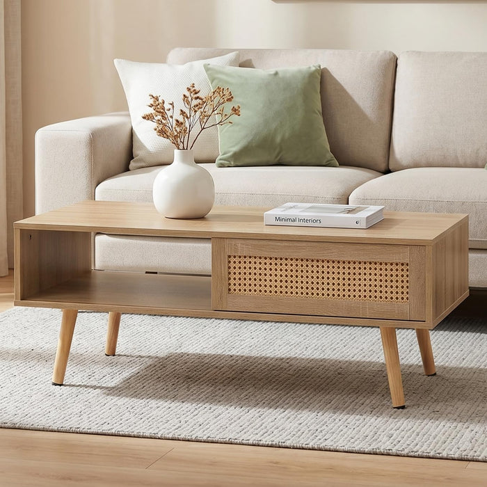 IANIYA 41'' Rattan Coffee Table with Storage, Boho Living Room Table