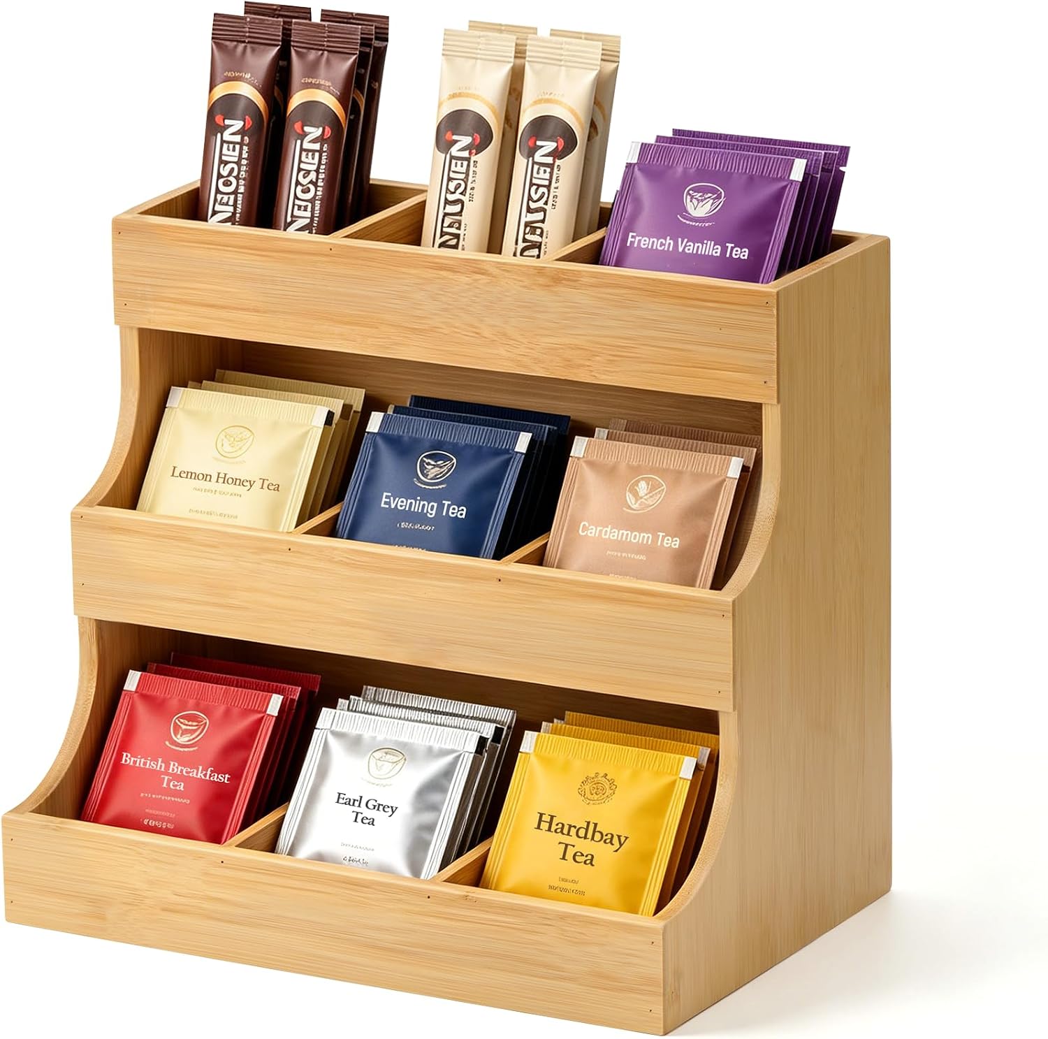 Bamboo Tea Bag Organizer, 3-Tier Vertical Space Saving Storage for Tea Bags, Coffee Pods, Sugar Packets, Countertop Holder for Kitchen, Coffee Bar, Home Office