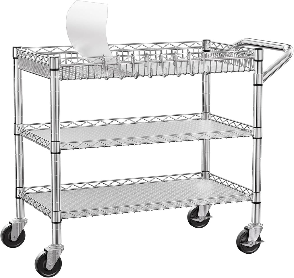 NTE Utility Cart with Wheels, 990lbs Capacity Metal 3 Tier Rolling Carts, NSF Kitchen Carts On Wheels with Storage, Heavy Duty Utility Cart with Handle & Wire Shelf for Indoor & Outdoor Use, Silver