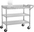 NTE Utility Cart with Wheels, 990lbs Capacity Metal 3 Tier Rolling Carts, NSF Kitchen Carts On Wheels with Storage, Heavy Duty Utility Cart with Handle & Wire Shelf for Indoor & Outdoor Use, Silver