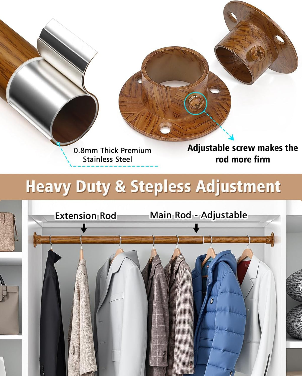 Closet Rods for Hanging Clothes, 17-76 Inch Heavy Duty and Stepless Adjustable Closet Poles, Stainless Steel Closet Hanging Rod for Wardrobes, Laundry Room, Bathroom, RV (Wood-Grain Finish)