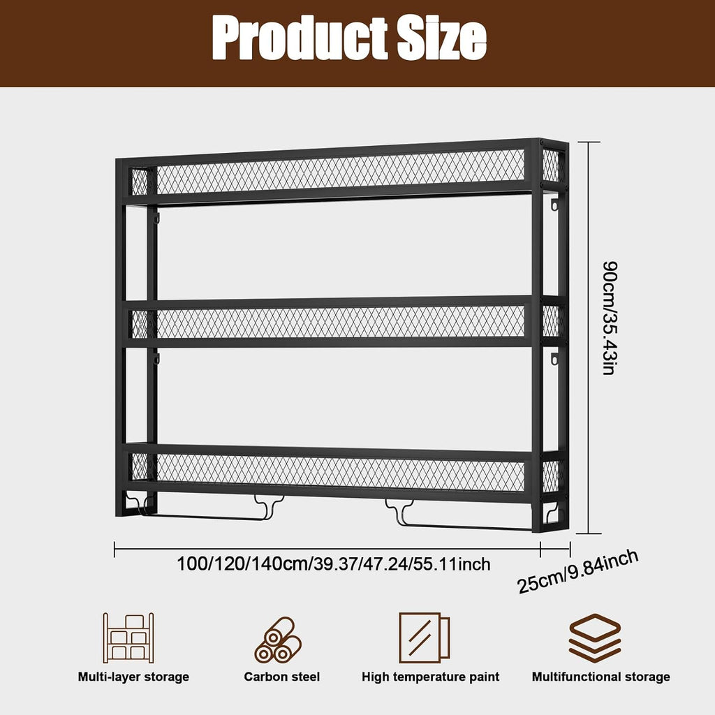 Wine Rack Wall Mounted with LED Light,Bar Liquor Shelf,Black,100cm | Metal,3-Tiers,Wine Glass Holder,Industrial Liquor Bottle Display Storage Shelf,for Home Bar, Dining Room