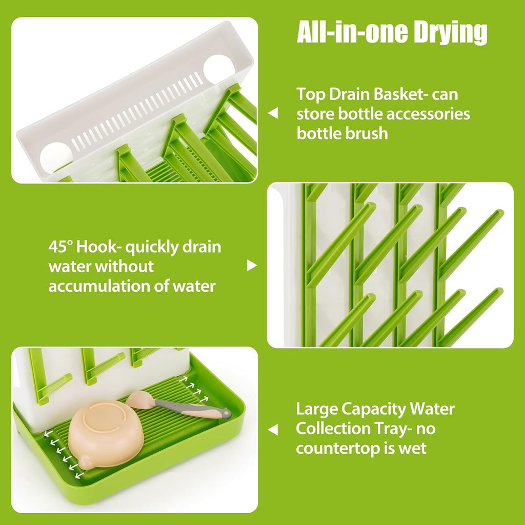 Baby Bottle Drying Rack, Space Saving Baby Bottle Organizer for Countertop, Vertical Bottle Dryer Holder with Brushes Holder, Large Bottle Storage Holder 12 Bottles & Baby Accessories Green