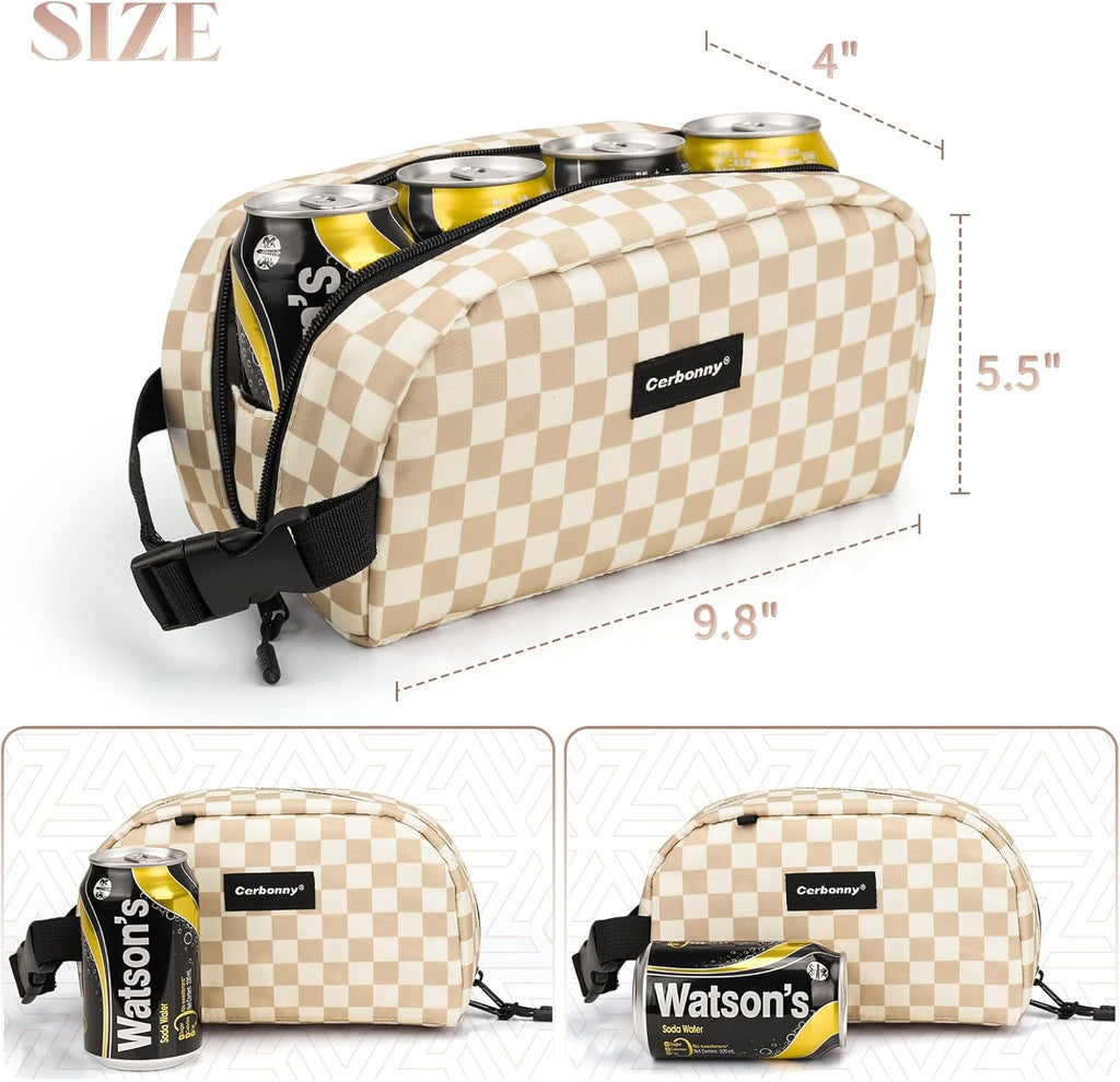 Cerbonny Small Cooler Bag Freezable Lunch Bag for Work School Travel, Leak-proof, Insulated, Khaki Checkerboard, 3.5L, 9.8x5.5x4 inch