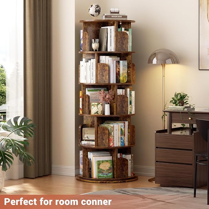 Rotating Bookshelf Tower, 5 Tier Spinning Bookcase, Revolving 360 Book Shelf ...