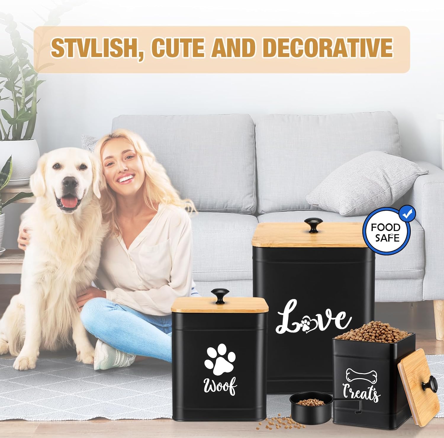 Metal Dog Treat Containers Set of 3 with Bamboo Lids and Spoon Airtight 7+3+2 lbs Dog Food Snack Jars with DIY Labels Big Pet Cookie Storage Jar for Kitchen Counter(Black,Classic)