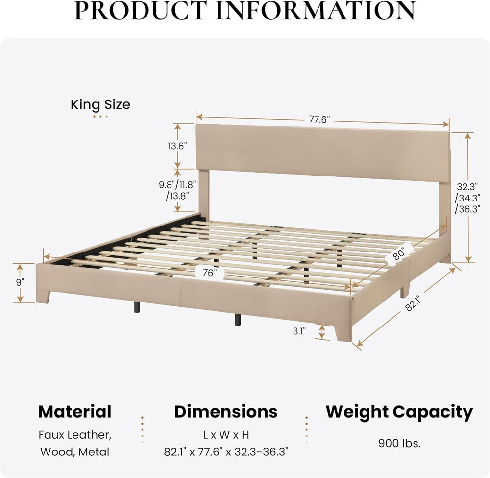 SHA CERLIN Linen Upholstered King Size Bed Frame with Headboard, Beige