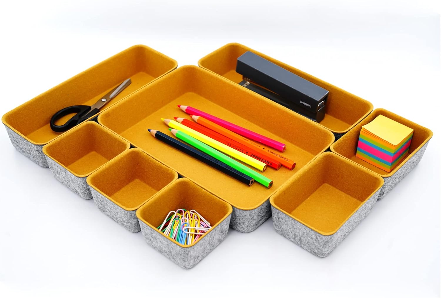 Welaxy desk drawer organizers tray felt storage bin for office suppliers entryway catchall key holder makeup crafts pens decluttering 8-piece fall gift (Curry)
