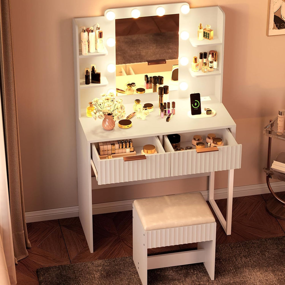 VINGLI Fluted Makeup Vanity Desk with Mirror and Lights and Stools, Small Van...