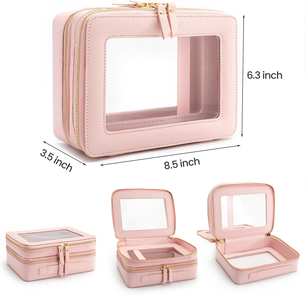 Aveniee XL Clear Makeup Organizer,Double Layer Travel Cosmetic Case with Brush Holder & Zippered Compartments, Large Toiletry Bag Train Case for Women.2 Layers, Pink