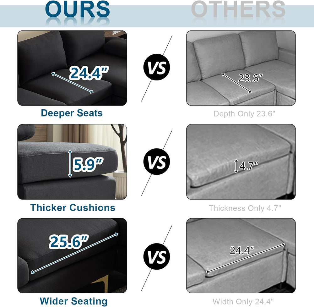 VINGLI 110" Modern Sectional Couch with 51" D Double Chaise, Black ...