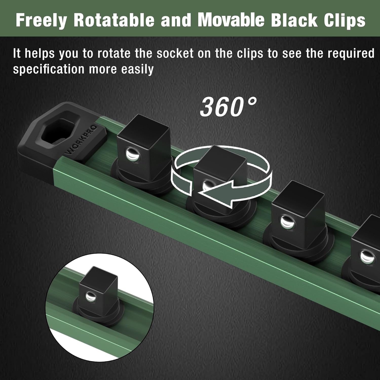 WORKPRO Magnetic Socket Organizer, 1/4-Inch Drive Aluminum Alloy Socket Rail, Heavy Duty Socket Holder, Socket Rack Kit 1/4-Inch x 12 Clips Green (Socket not Included)