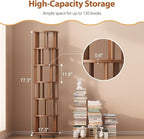 Solid Wood Rotating Bookshelf on Wheels, 6 Tier, Round Revolving Bookcase, 360° Spinning Book Shelf Tower for Kids, Narrow Rolling Bookshelves for Small Space, Corner, Bedroom, Office, Walnut