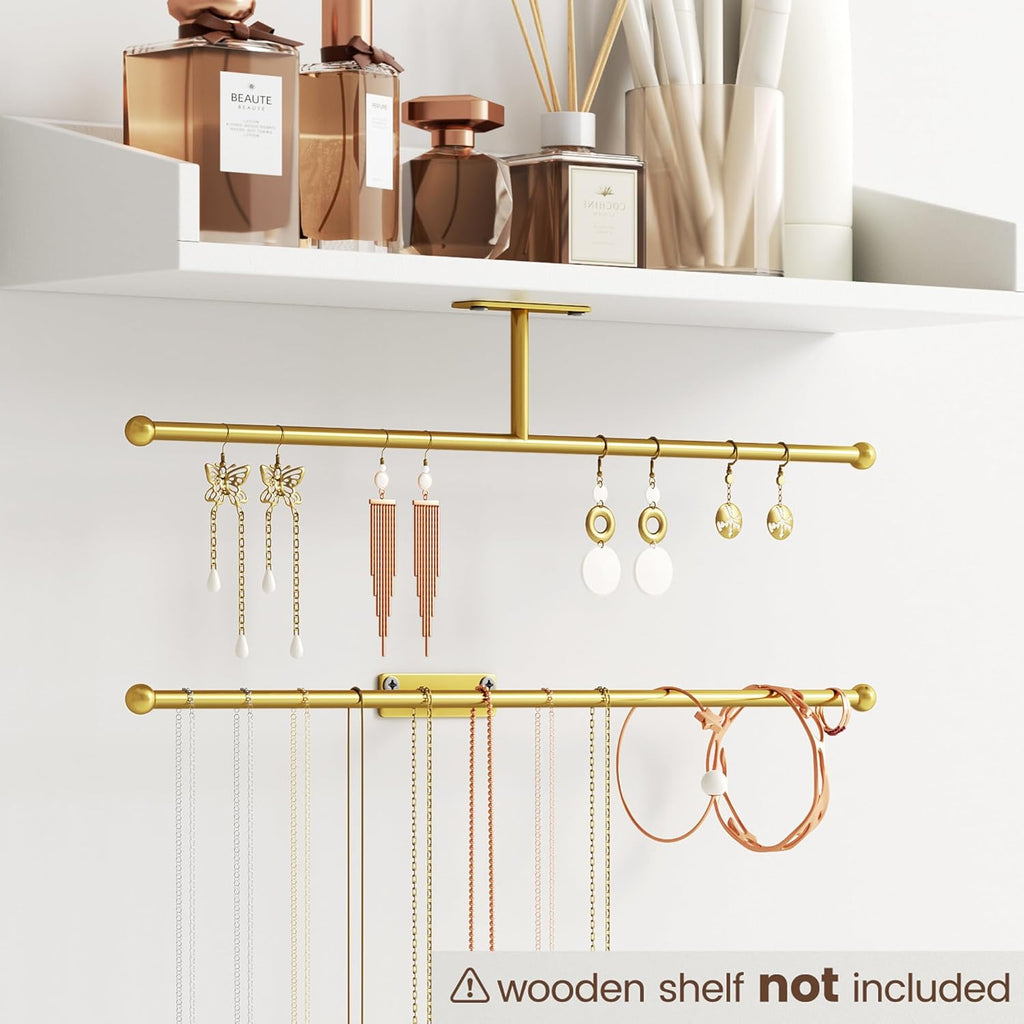 Wall Hanging Jewelry Organizer: 12.6'' Necklace Holder for Earring, Bracelet, Rings, Hairband, Glasses, Gold 2-Pack, Screws Included