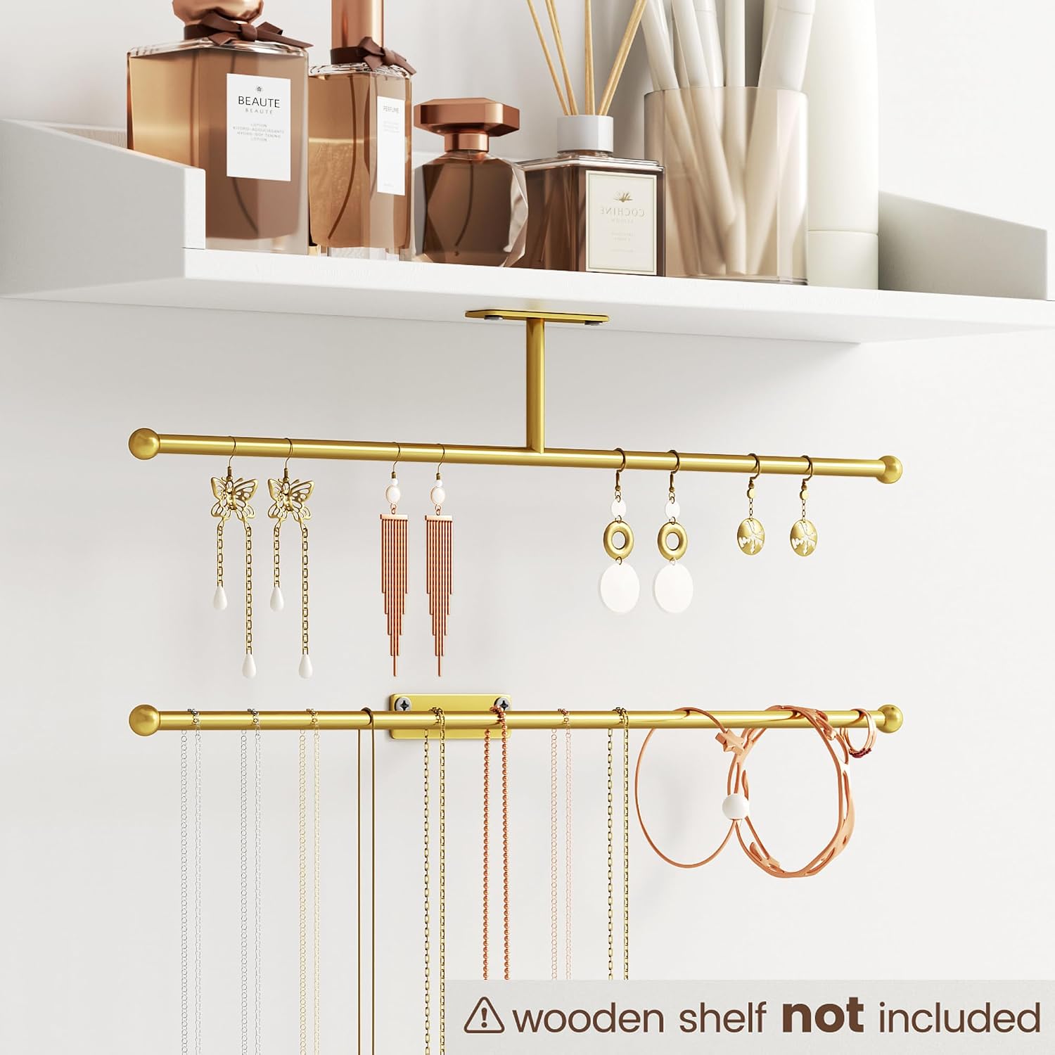 Wall Hanging Jewelry Organizer 12.6", Screws Included, Gold 4-Pack | for Earring, Bracelet, Rings, Hairband, Sunglasses