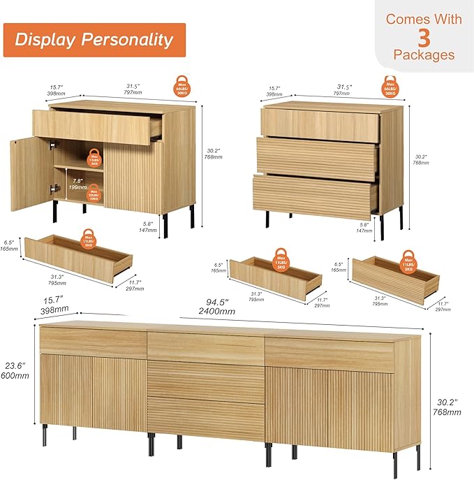 WAMPAT Fluted TV Stand for TVs up to 100", 3 in 1 Modern Entertainment Center with Storage Cabinets and 5 Drawers & 4 Doors, Wood Media TV Console Table with Storage for Living Room, Oak