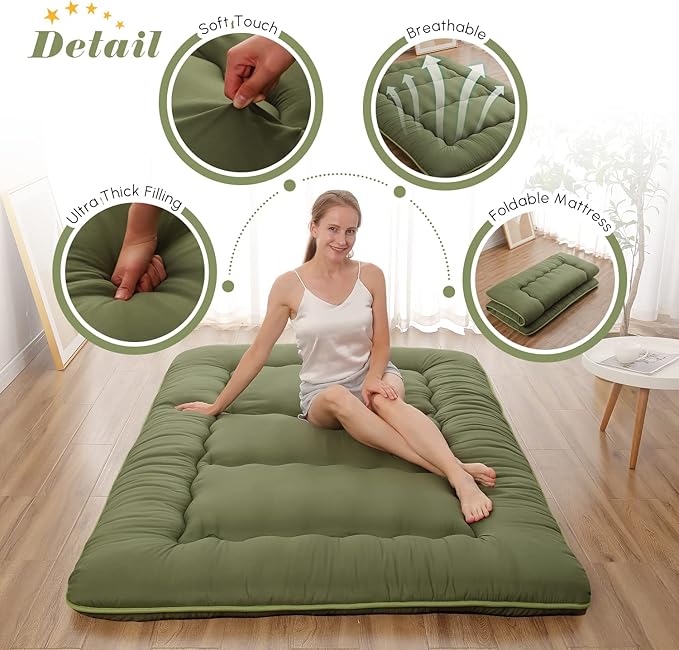 Japanese Floor Mattress, Futon Mattress with Portable Storage Bag and Washabl...