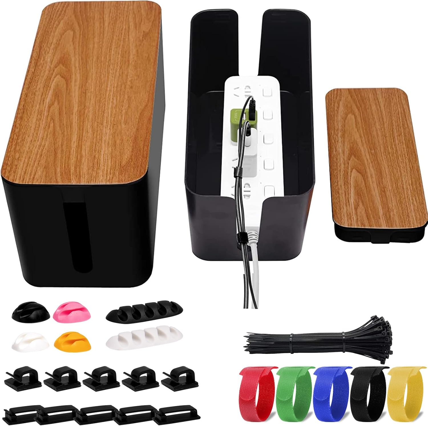 YUANYE Cable Management Box Cable Management Kit for Power Strip to Hide Wires,Cord Organizer Boxes,Safe ABS Material Wire Organizer of Cable Clips Sleeve for Home & Office,2Pack-123PCS/Black