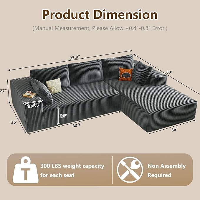 96" Modular Sectional Couch, L Shaped Cloud Sofa with Chaise Lounge, Cor...