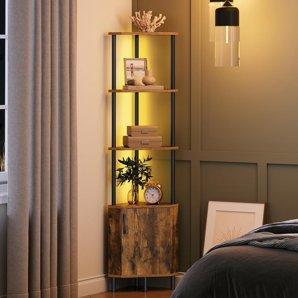HOOBRO Corner Cabinet with LED Light, Corner Shelf Stand with Storage and Doo...