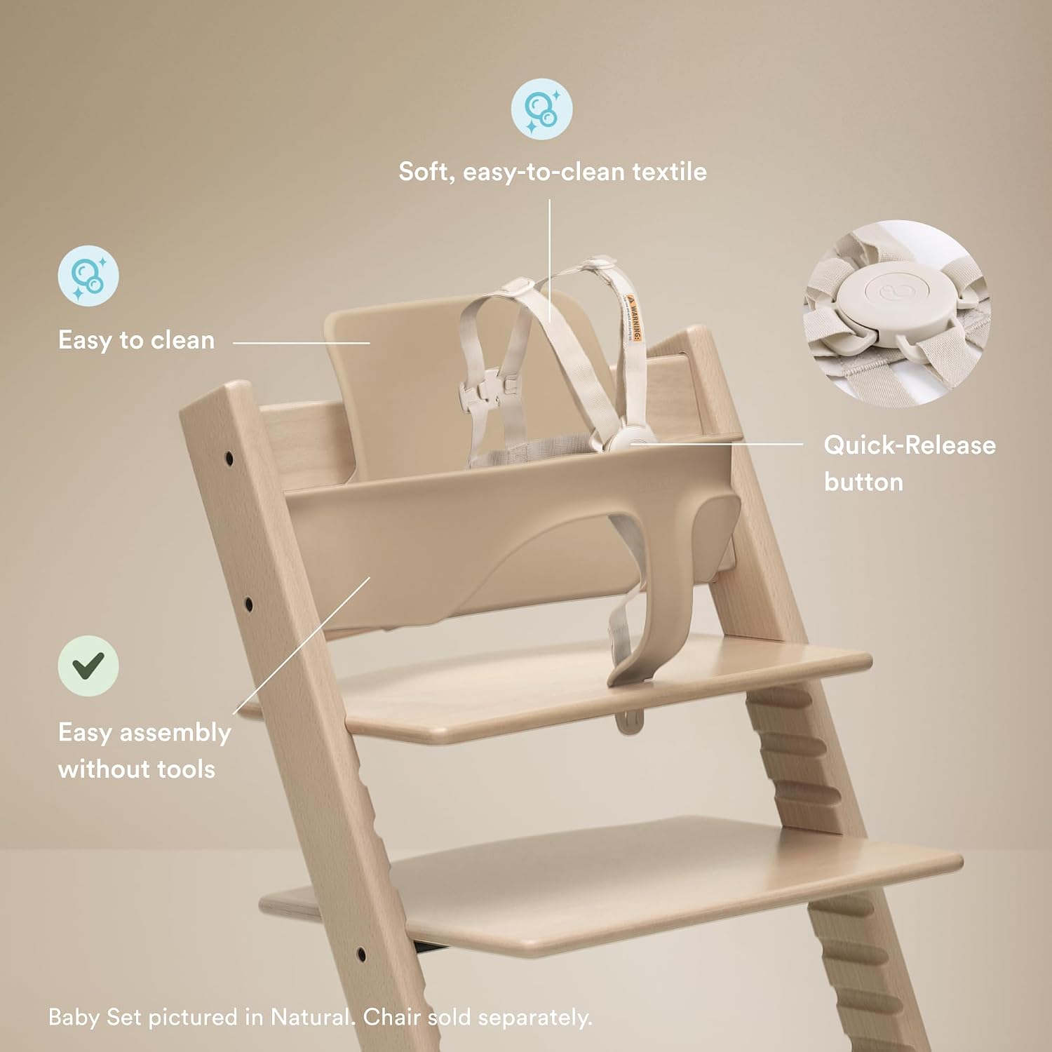 Stokke Tripp Trapp Baby Set 2, Ages 6-36 Months, Storm Grey | From Chair to High Chair in One Simple Step, for Babies and Toddlers, Ergonomic Support, Adjustable 5-Point Harness, Buckle