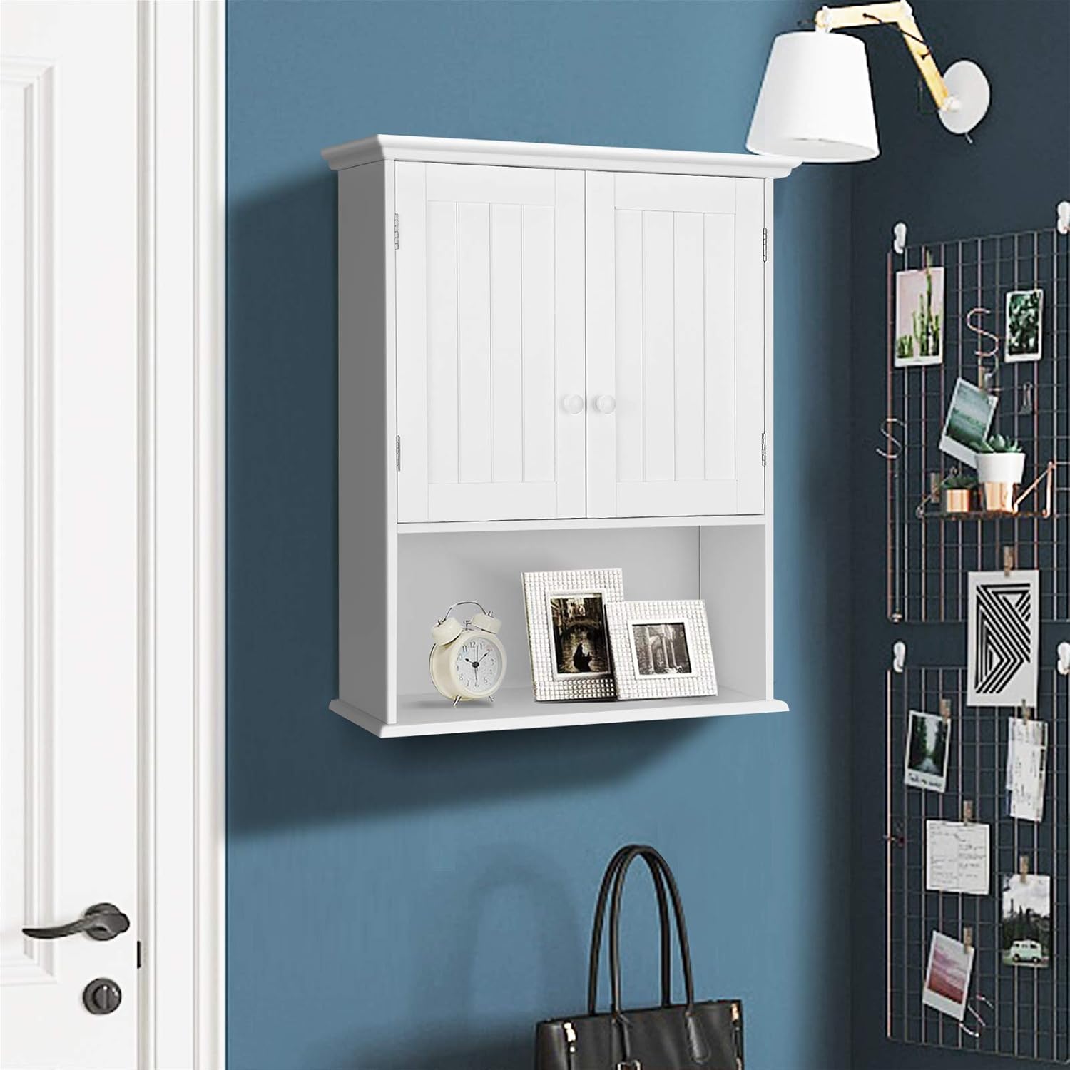 Tangkula Wall Mount Bathroom Cabinet Wooden Medicine Cabinet Storage Organizer with 2-Doors and 1-Shelf Cottage Collection Wall Cabinet (White)