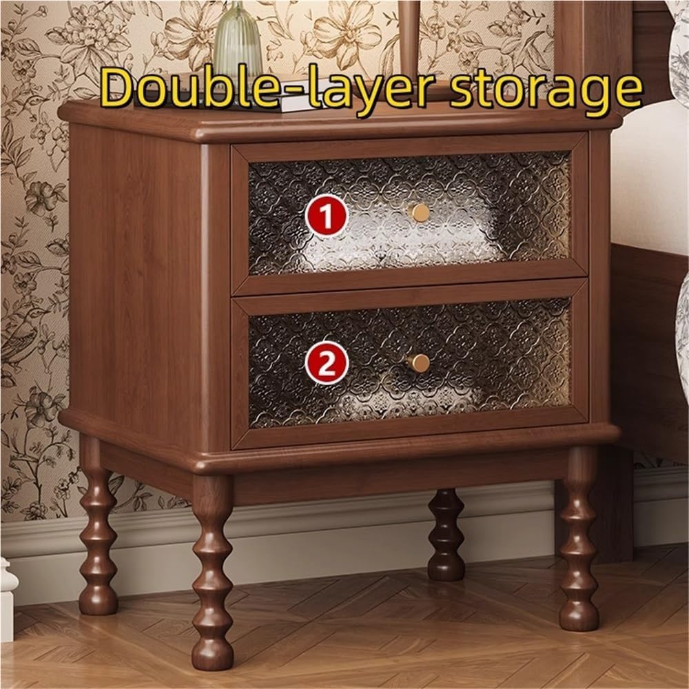 Vintage Wooden Nightstand Antique Bedside Table with 2 Floral Glass Drawers M...