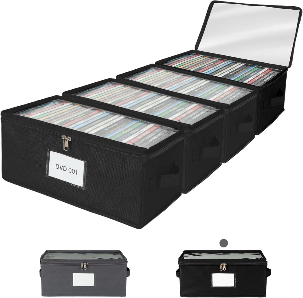 4 Pack Durable Fabric DVD Storage Box with Clear PVC Lid, Holds 25 Standard D...