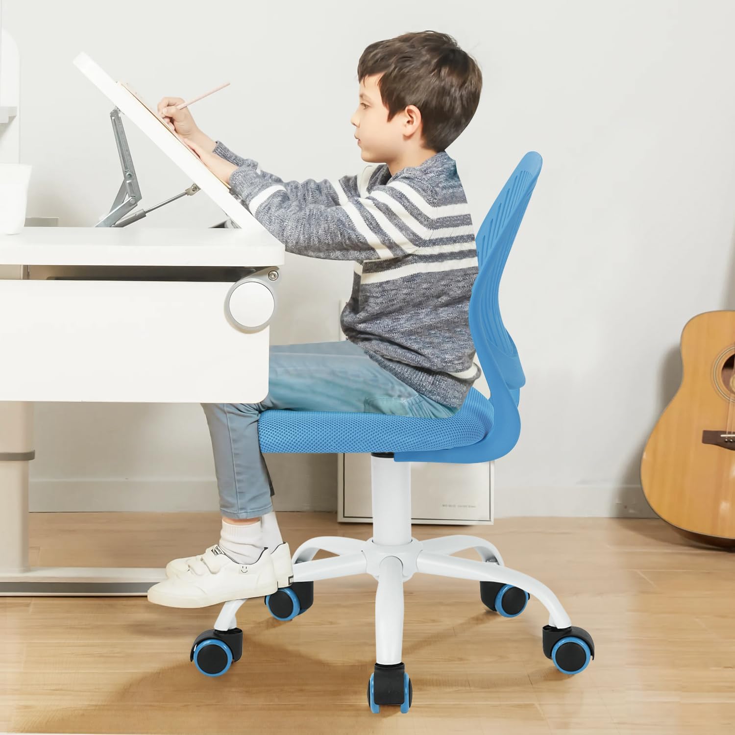 FurnitureR Rolling Study Mesh Desk Chair, Ergonomic Armless Compact Adjsutable Swivel Task Chair with Soft Cushion ad Plastic Mid-Back for Students Teens Children Kids, Sky Blue