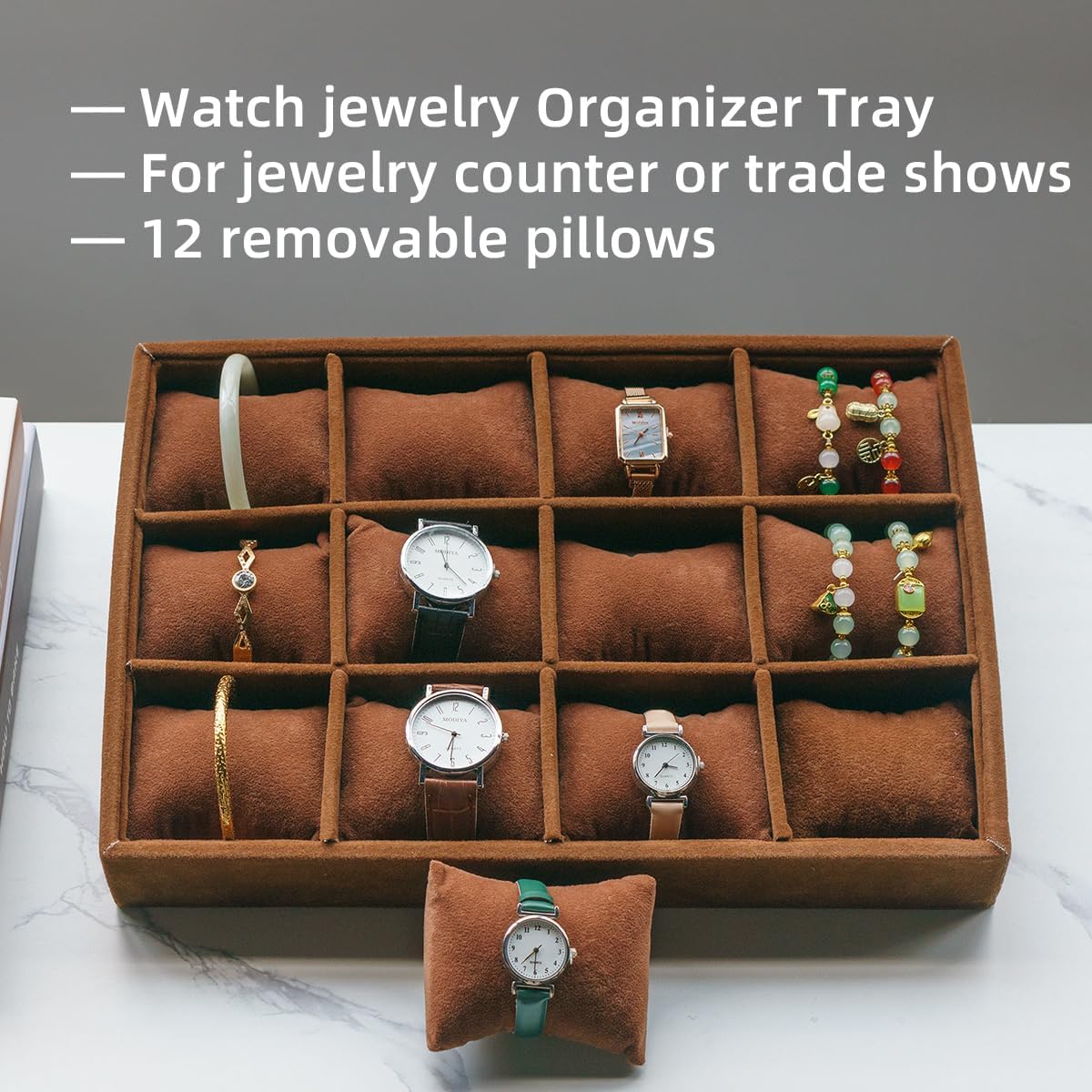 Jewelry Watch Tray, Coffee Velvet Watch Jewelry Organizer 12 Grid, Stackable Watch Bracelet Bangle Display Holder, Adjustable Pillows, for Man Woman Show Birthday