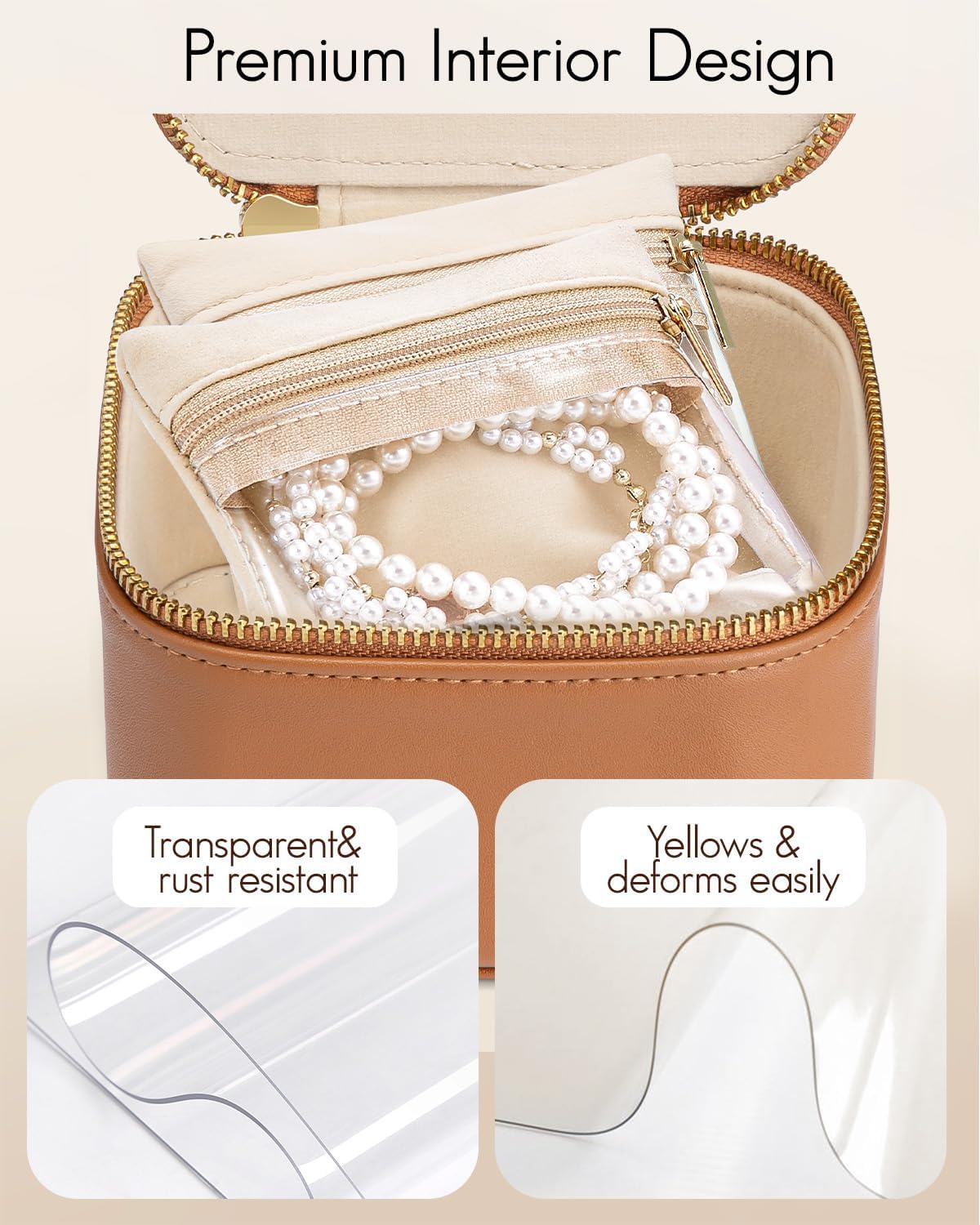 VLANDO Travel Jewelry Case,Valentines Gifts,Small Jewelry Box Organizer,Travel Jewelry Storage with 6 Velvet Jewelry Zipper Pockets, Birthday Gifts for Women Girls (Brown)