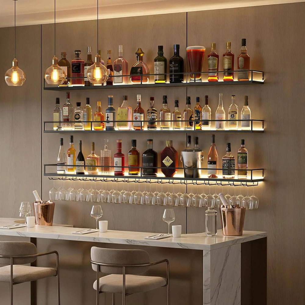 55.1" Wall Mounted Wine Rack with Lights, 3-Tier Floating Bar Shelf | Ho...