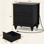 Cyclysio Nightstand with Charging Station, Side End Table with 2 Drawers, Modern Wood Night Stand with Scalloped Pattern for Bedroom, Bedside Night Tables with Solid Wood Gourd Legs