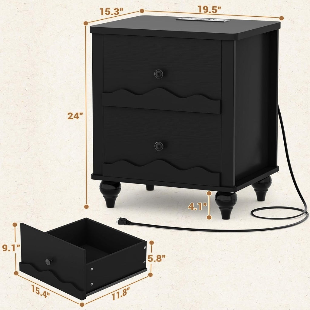 Cyclysio Nightstand Set of 2 with Charging Station, Side End Table with 2 Drawers, Modern Wood Night Stand Set 2 with Scalloped Pattern for Bedroom, Bedside Night Tables with Solid Wood Gourd Legs