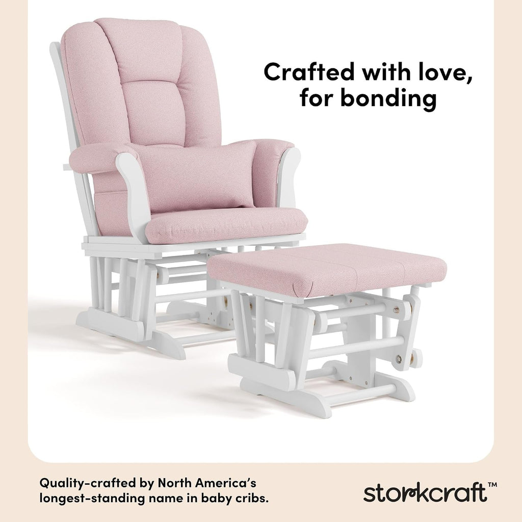Storkcraft Tuscany Custom Glider and Ottoman with Free Lumbar Pillow (White/Pink Blush Swirl) - Cleanable Upholstered Comfort Rocking Nursery Chair with Ottoman