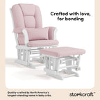 Storkcraft Tuscany Custom Glider and Ottoman with Free Lumbar Pillow (White/Pink Blush Swirl) - Cleanable Upholstered Comfort Rocking Nursery Chair with Ottoman