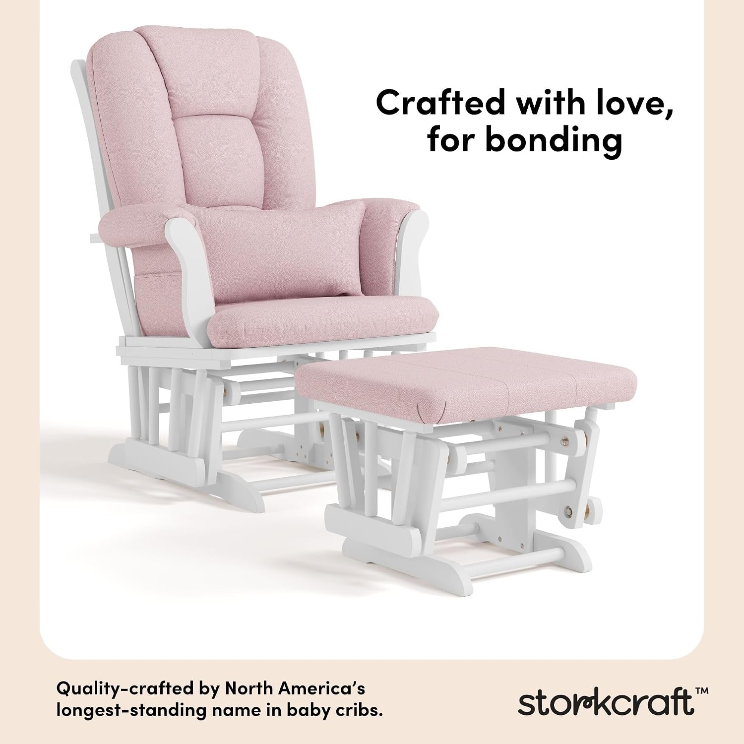 Storkcraft Tuscany Custom Glider and Ottoman with Free Lumbar Pillow (White/Pink Blush Swirl) - Cleanable Upholstered Comfort Rocking Nursery Chair with Ottoman