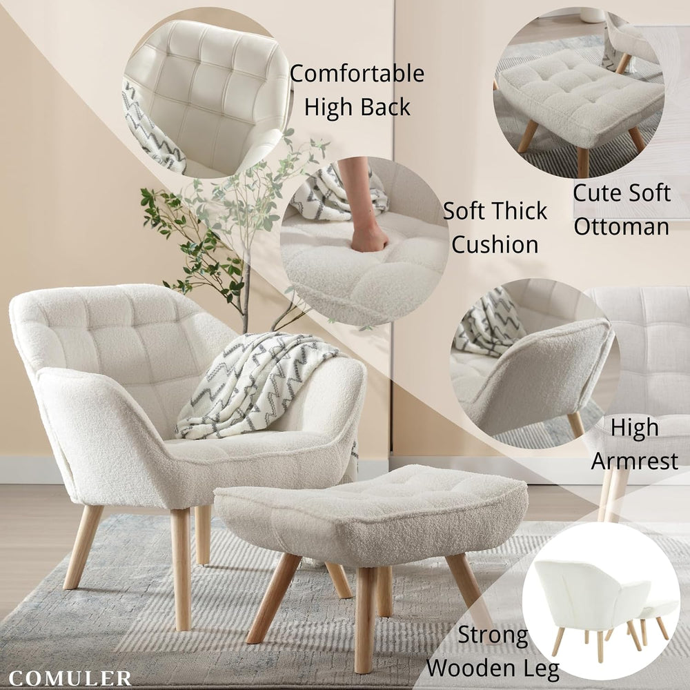 White Sherpa Accent Chair with Ottoman ，Modern Reading Chairs with Ottoman Se...